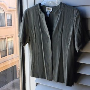 Green Silk button down blouse with slit on sleeves